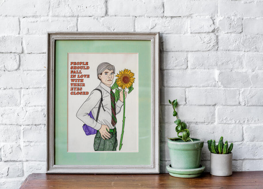Colored illustration of Andy Warhol holding a sunflower with the quote “People should fall in love with their eyes closed