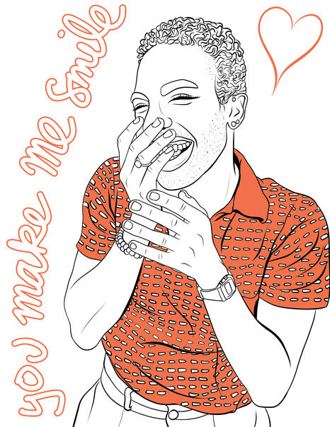 Line art of a laughing person with short curly hair and expressive hands, with handwritten text that says “you make me smile”