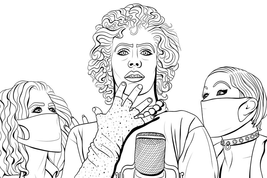 Stylized black-and-white line art of a Rocky Horror-inspired trio, wearing masks and standing behind a vintage microphone
