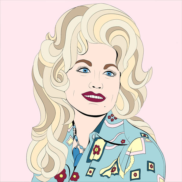 Colored line art portrait of Dolly Parton with 1970s-inspired hair and fashion