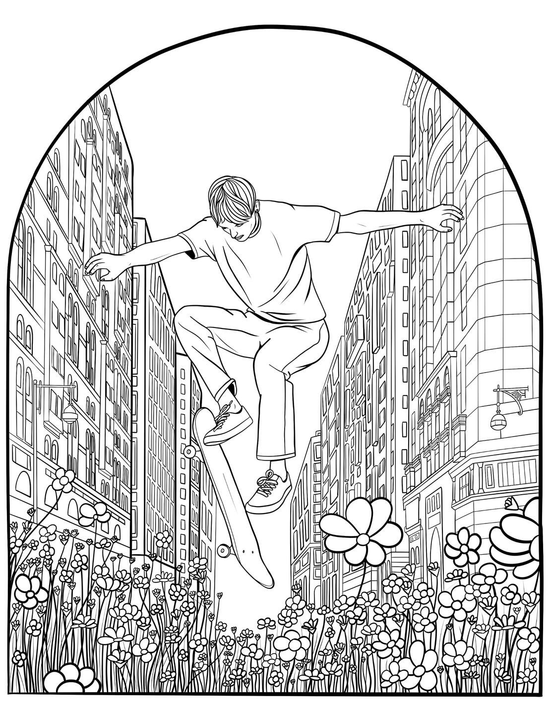 Skater in the City - Urban Floral Line Drawing A person skateboarding through a city street overflowing with oversized flowers, drawn in bold black-and-white line art