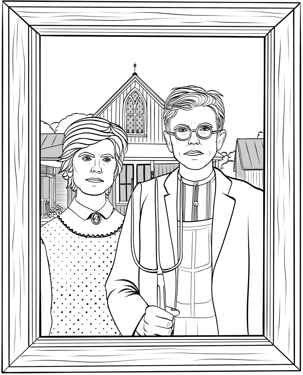 American Gothic Reimagined – Framed Line Art Line art reinterpretation of American Gothic featuring Tig Notaro in a wooden picture frame