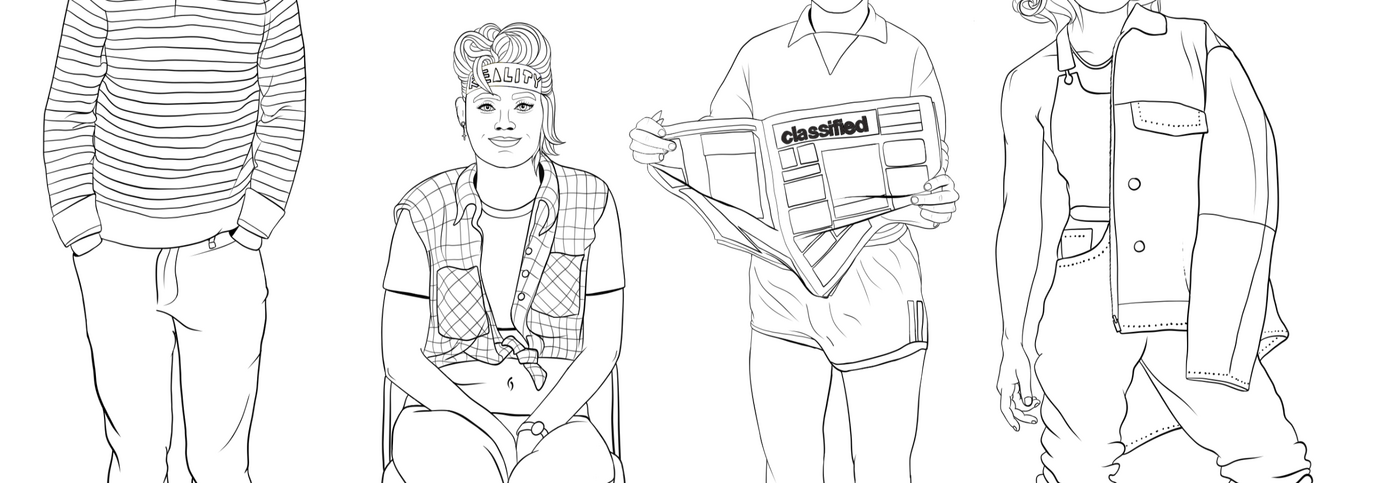 **Character Line-Up |** queer fashion designs A set of four distinct characters showcasing queer, alternative fashion in clean black-and-white line art.