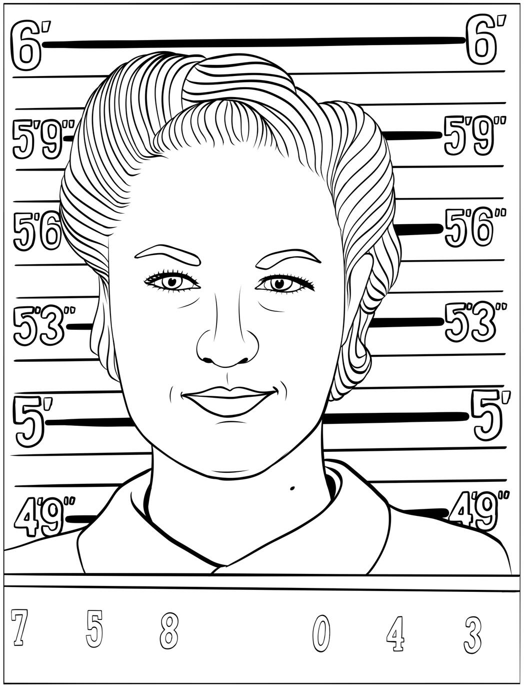 Bea Arthur Mugshot – Pop Culture Line Drawing Line art portrait styled like a vintage mugshot of Bea Arthur, featuring height markers and official text