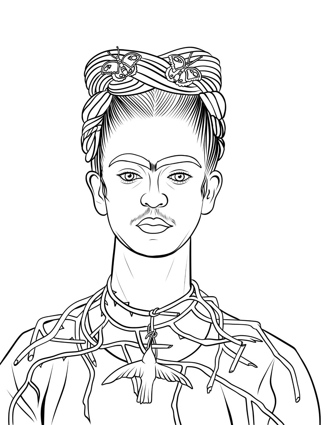 **Frida Kahlo Tribute |** stylized line art Detailed line art portrait of Frida Kahlo with butterflies in her braided hair and symbolic necklaces