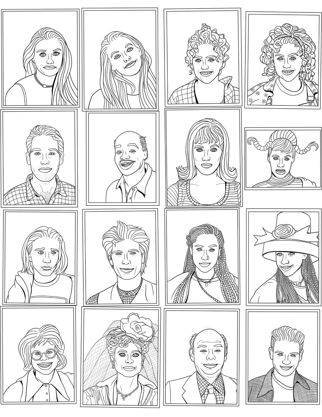 Grid of 16 black-and-white line portraits resembling polaroids, inspired by characters from Clueless and 1990s icons